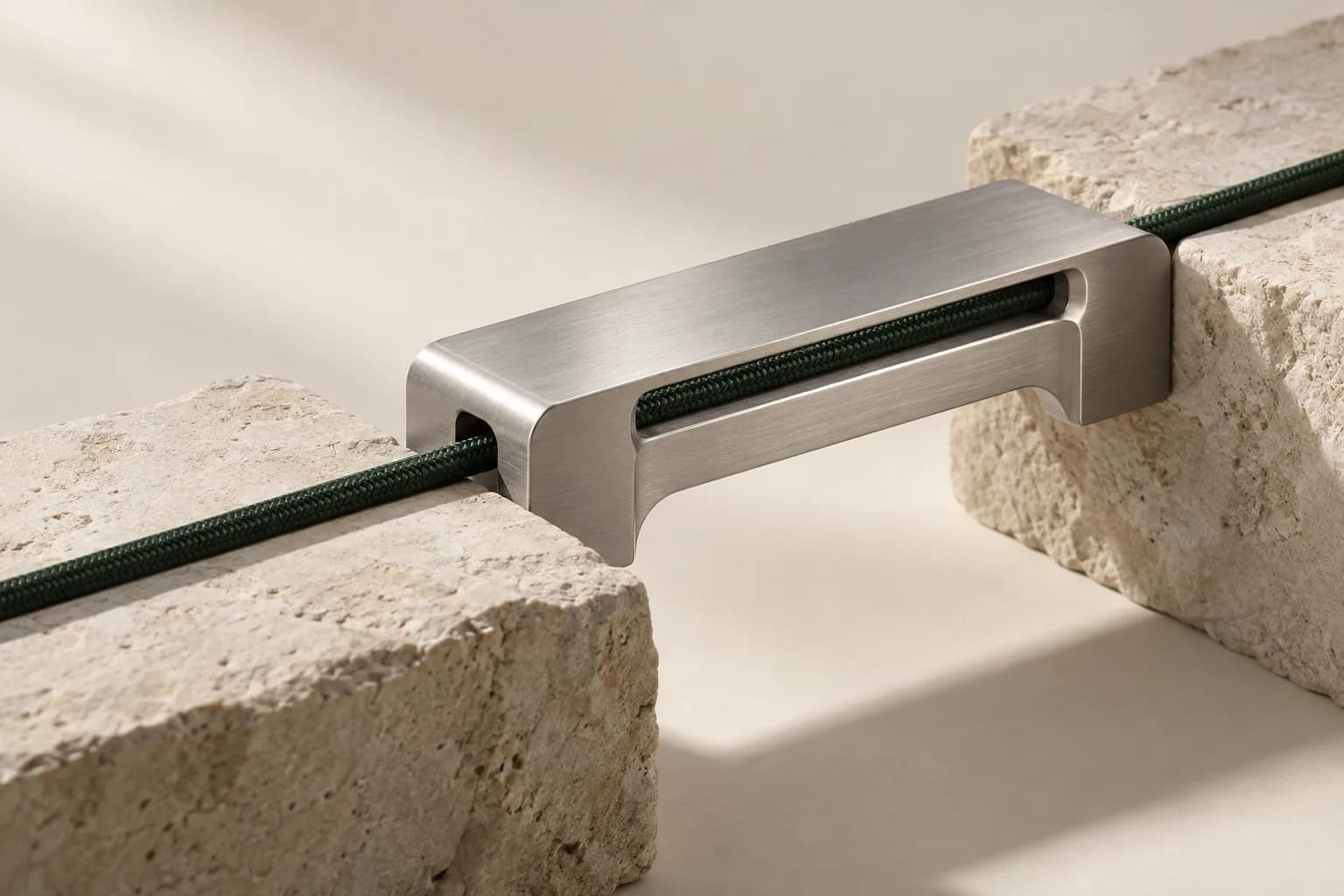 A single cable running through a precisely machined bridge between two stone supports