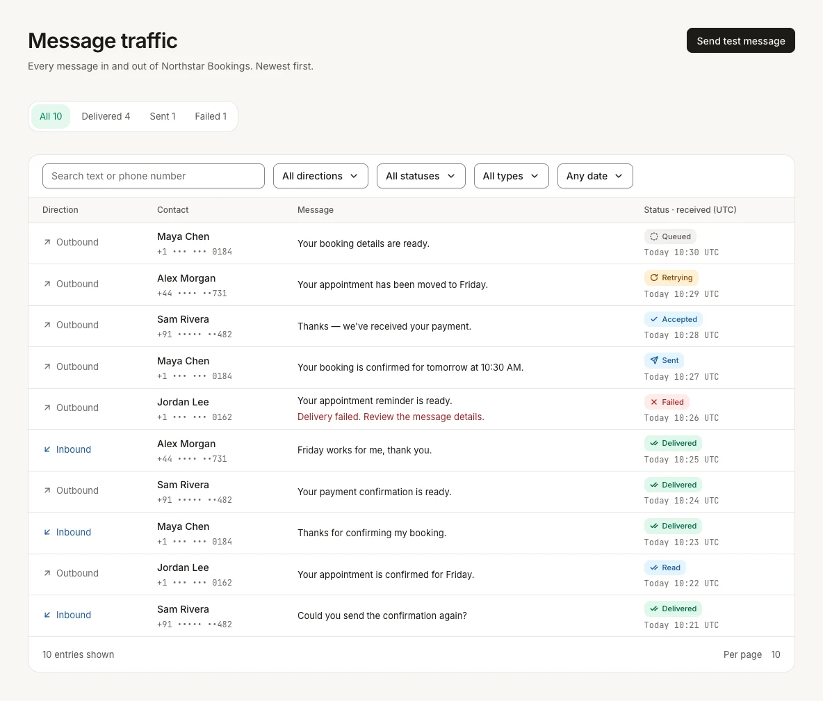 WapKit message register with inbound and outbound messages, delivery states, search and filtering