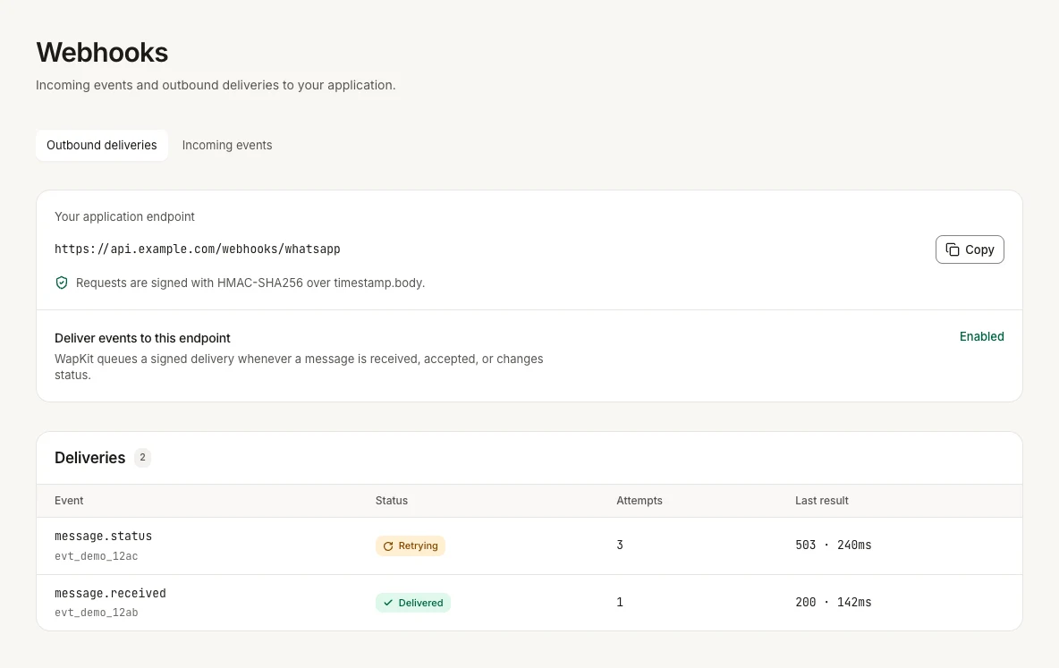 WapKit webhook delivery history with endpoint, signing configuration and delivery status